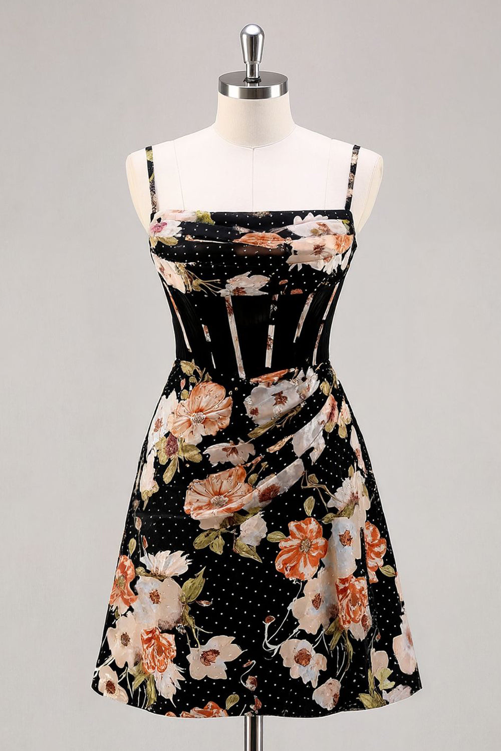 Sparkly Black Floral Short Corset Homecoming Dress with Beading
