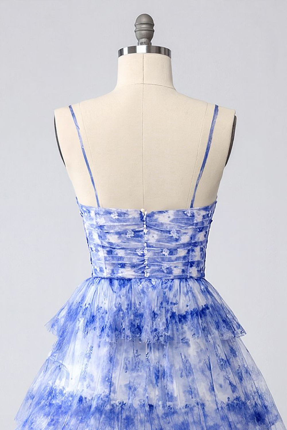 Blue Tiered Keyhole Floral Short Homecoming Dress with Ruffles