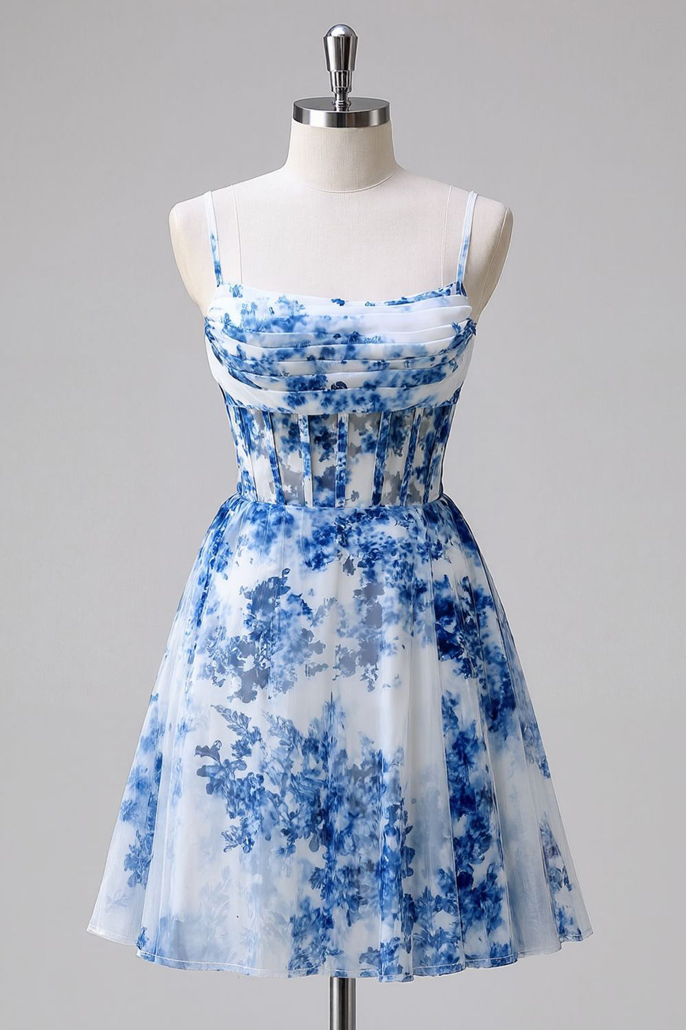 Blue Floral Tulle Ruched A Line Short Corset Homecoming Dress