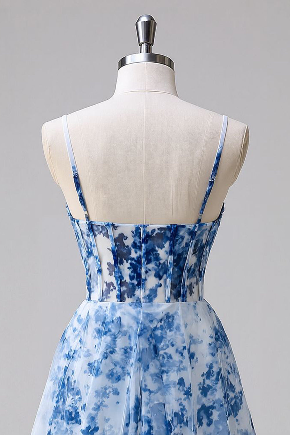 Blue Floral Tulle Ruched A Line Short Corset Homecoming Dress