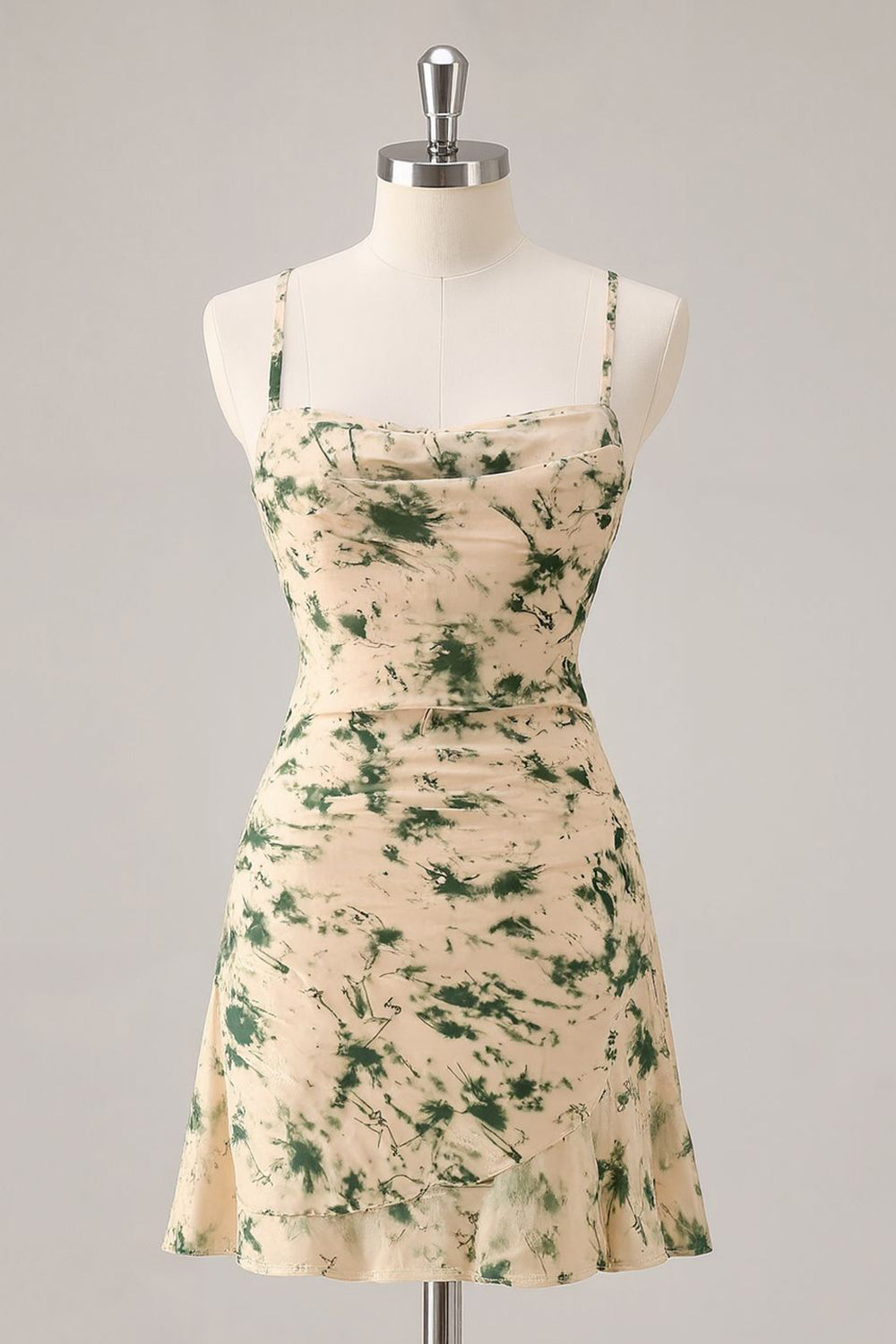 Champagne Floral Ruched Short Homecoming Dress with Ruffles