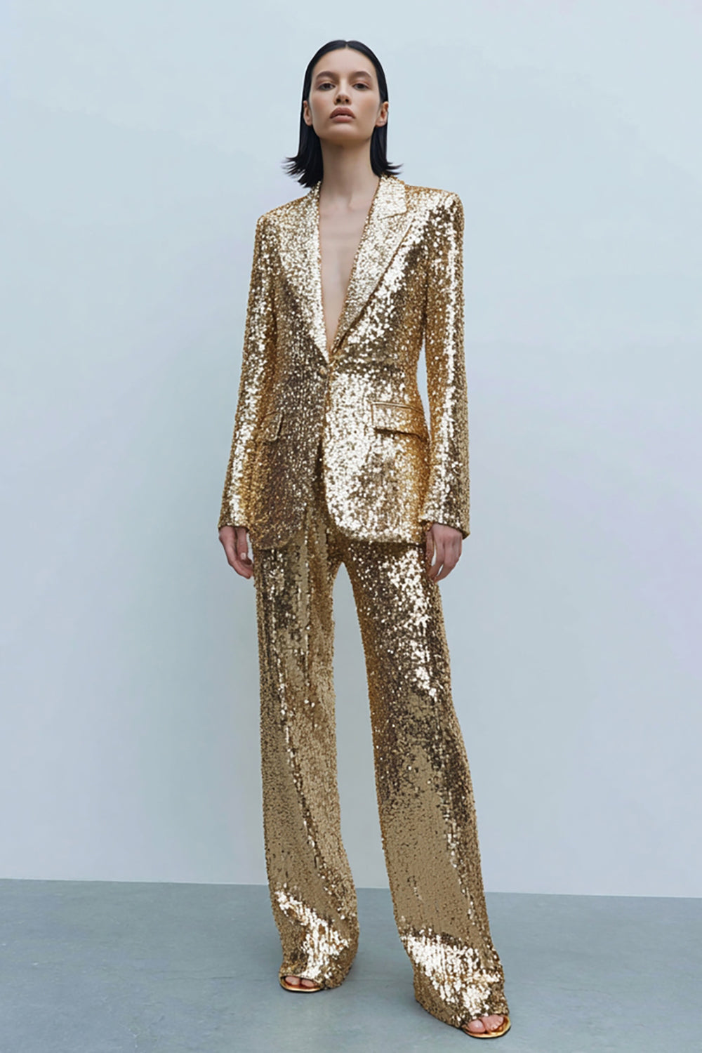 2 Piece Sparkly Gold Sequins Women Prom Suits with Pockets