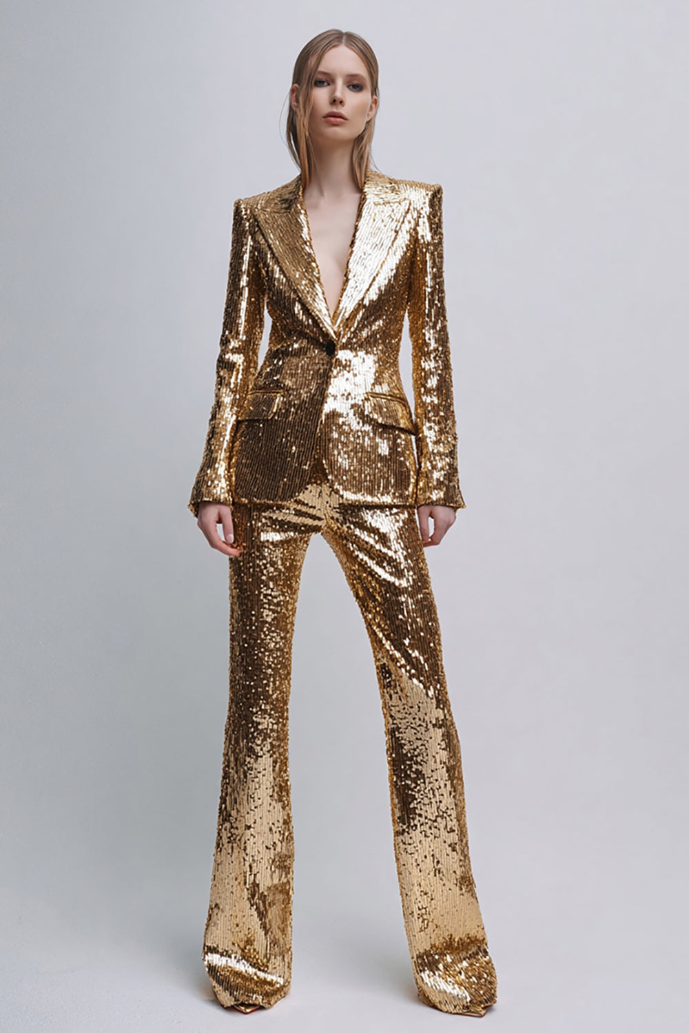 2 Piece Sparkly Gold Peak Lapel Sequins Women Prom Suits with Sleeves