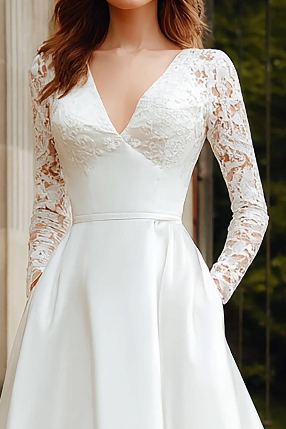 Ivory Long Sleeves V-Neck A Line Sweep Train Wedding Dress with Lace