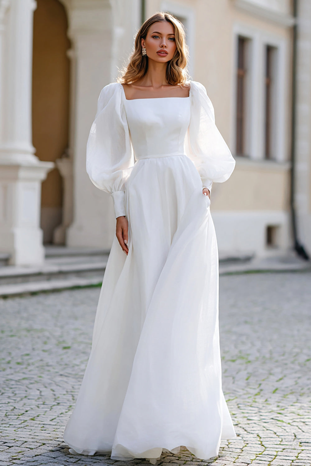Ivory Square Neck A Line Puff Sleeves Floor Length Wedding Dress