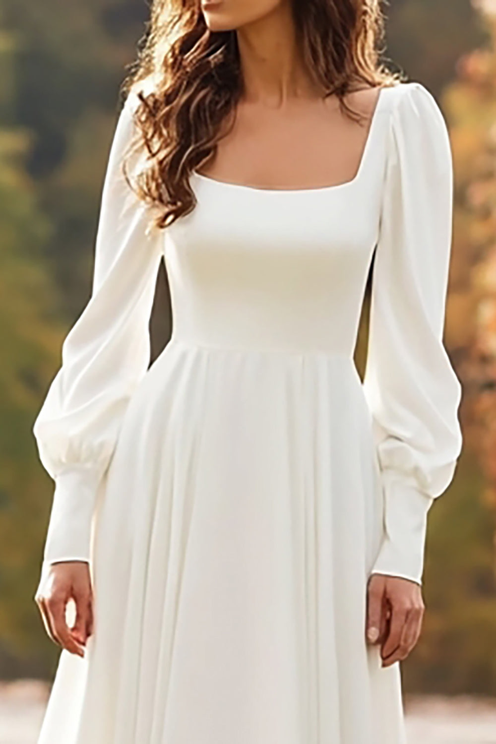 Simple Ivory Square Neck Long Sleeves A Line Sweep Train Wedding Dress