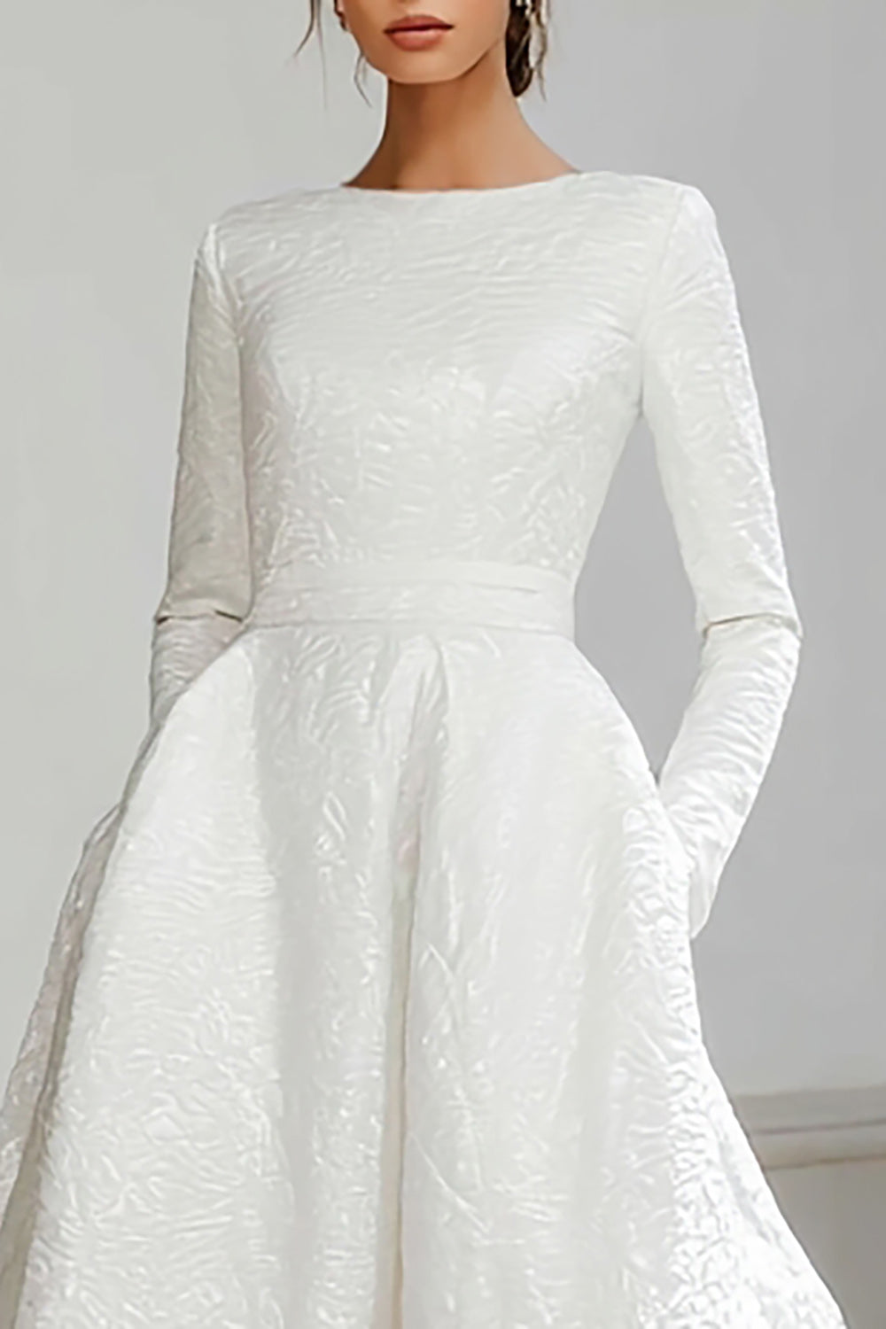 Ivory Jacquard Ball Gown Sweep Train Wedding Dress with Sleeves