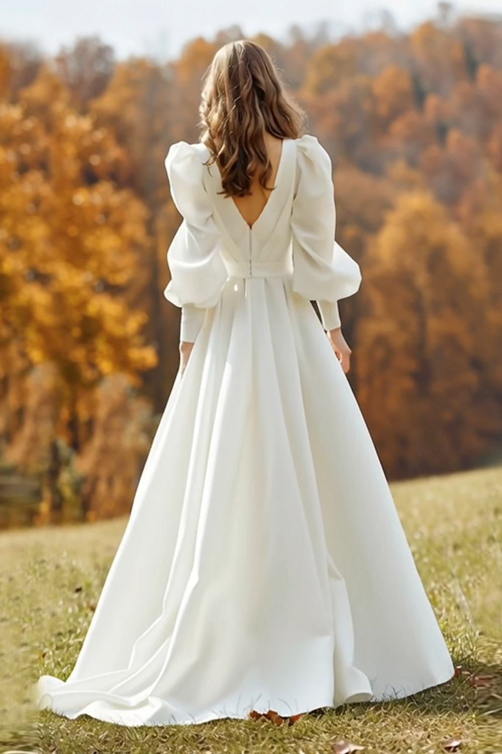 Ivory V-Neck Ruched Long Sleeves A Line Sweep Train Wedding Dress
