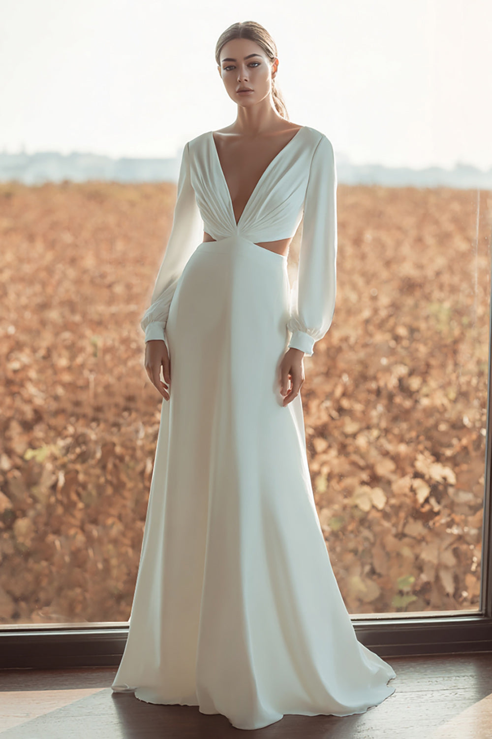 A Line V Neck Ivory Cut Out Wedding Dress with Long Sleeves