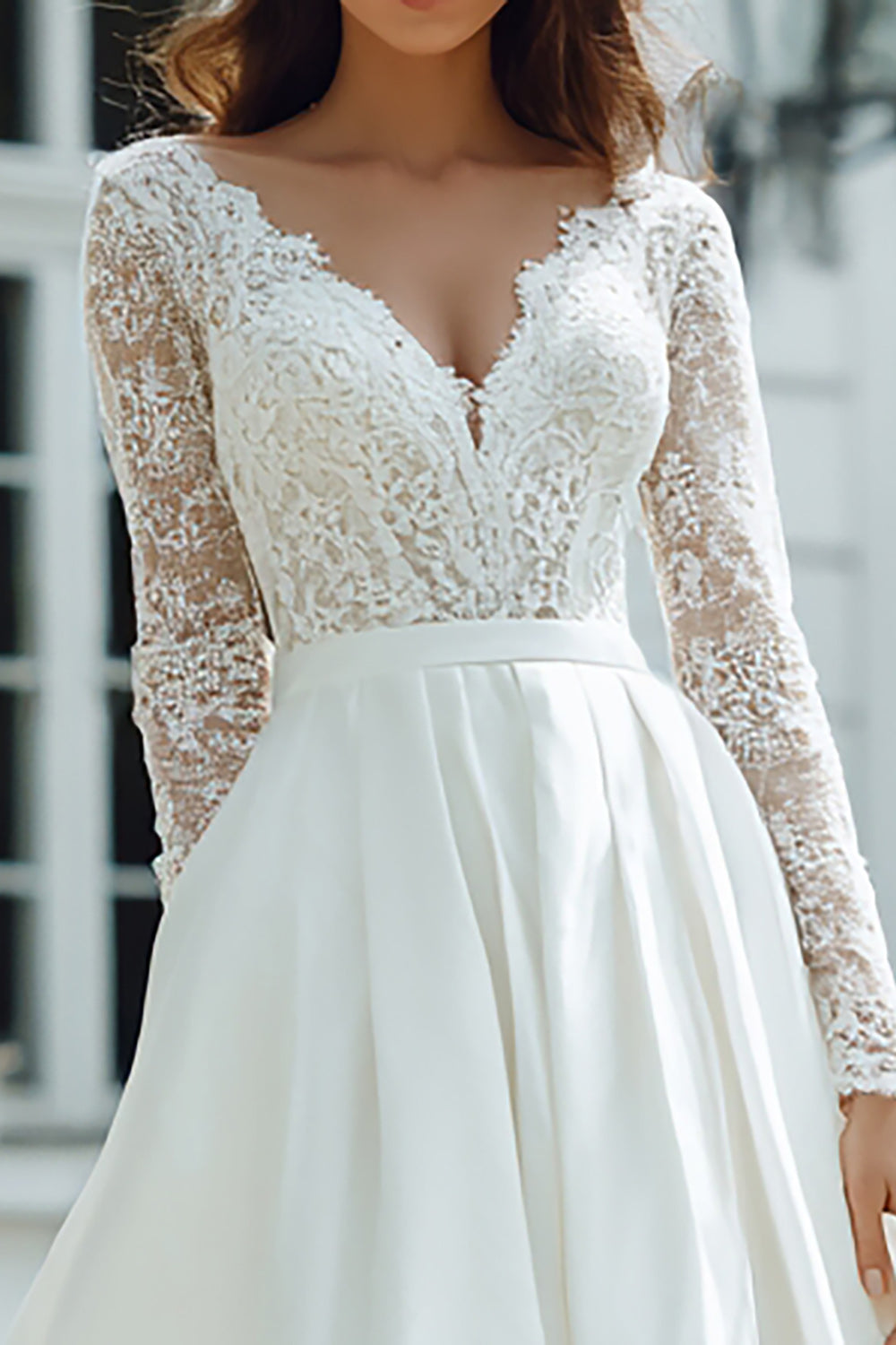 Ivory V-Neck Floor-Length Long Sleeves Wedding Dress with Lace