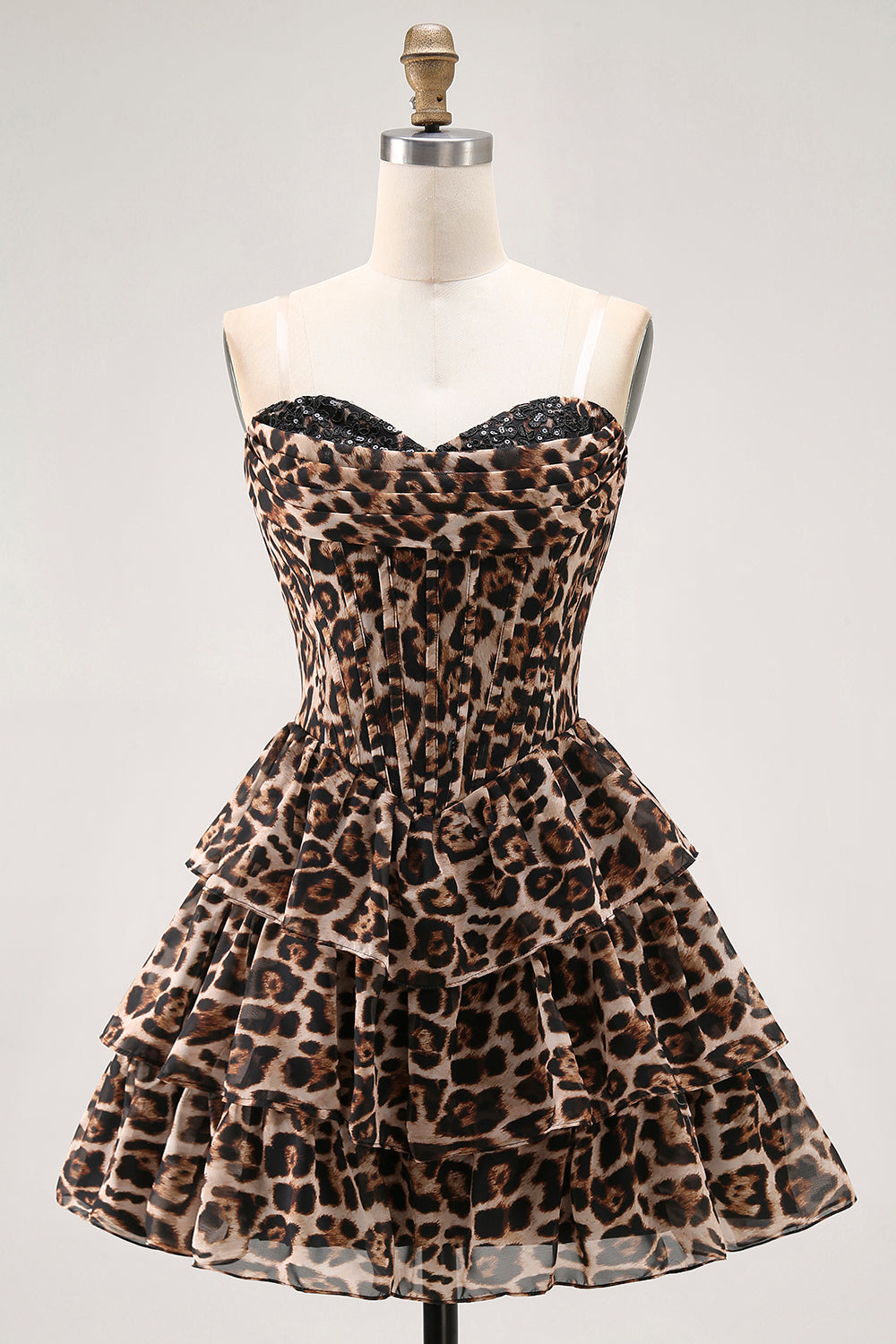 Brown Leopard Corset Sweetheart Short Tiered Homecoming Dress