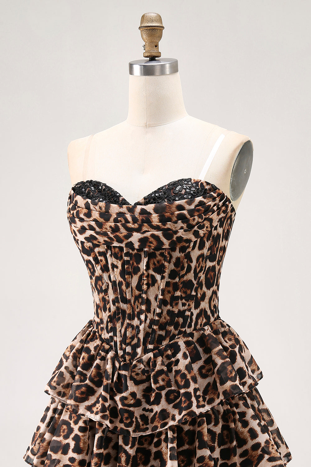 Brown Leopard Corset Sweetheart Short Tiered Homecoming Dress