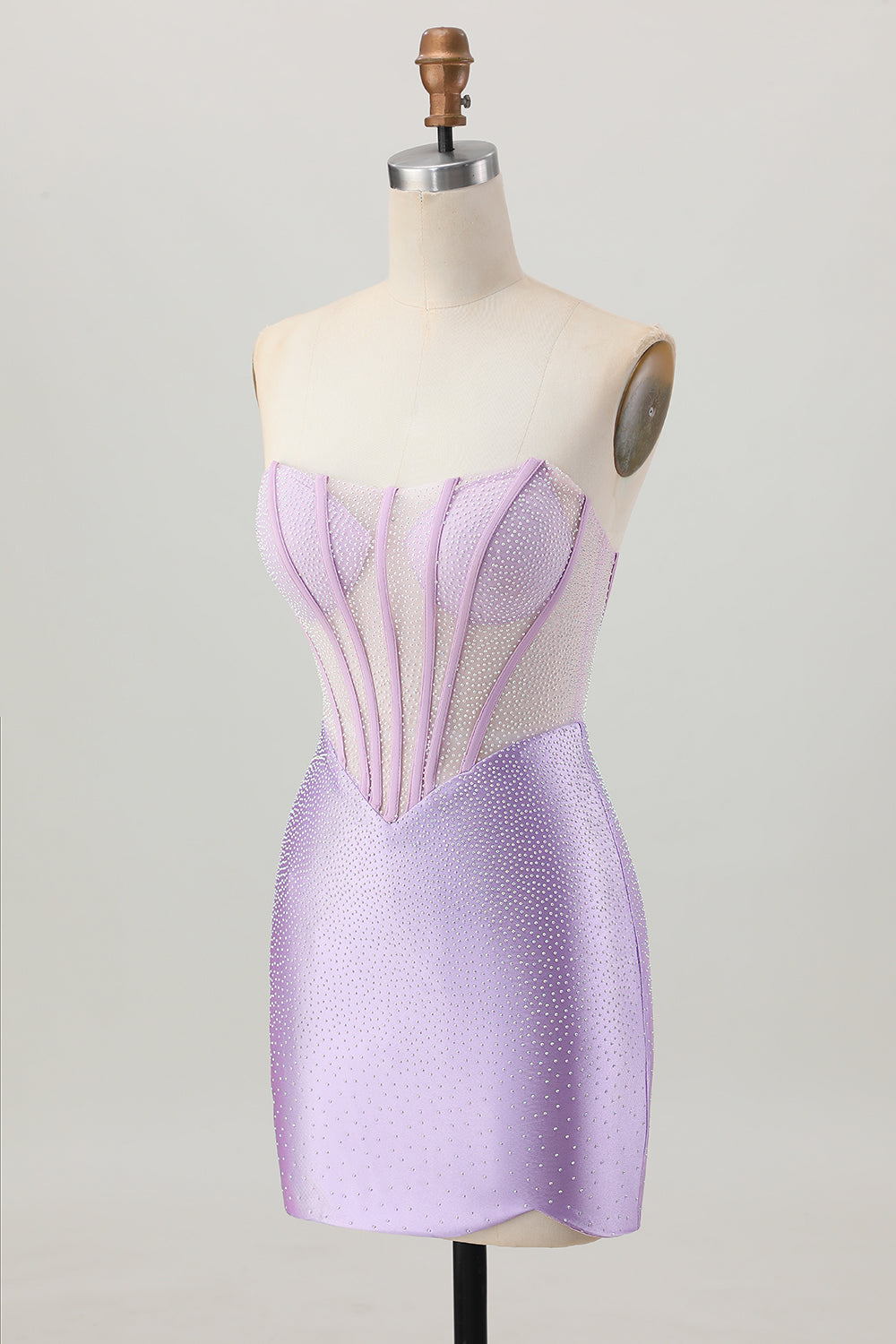Sparkly Lilac Corset Strapless Short Homecoming Dress with Beading