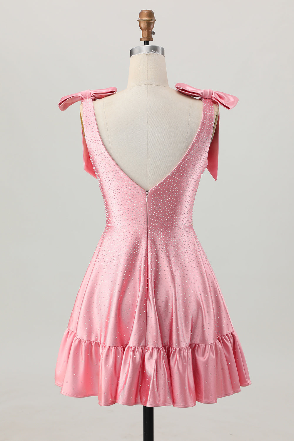 Sparkly Blush Pink A Line Satin Short Beaded Homecoming Dress with Bow