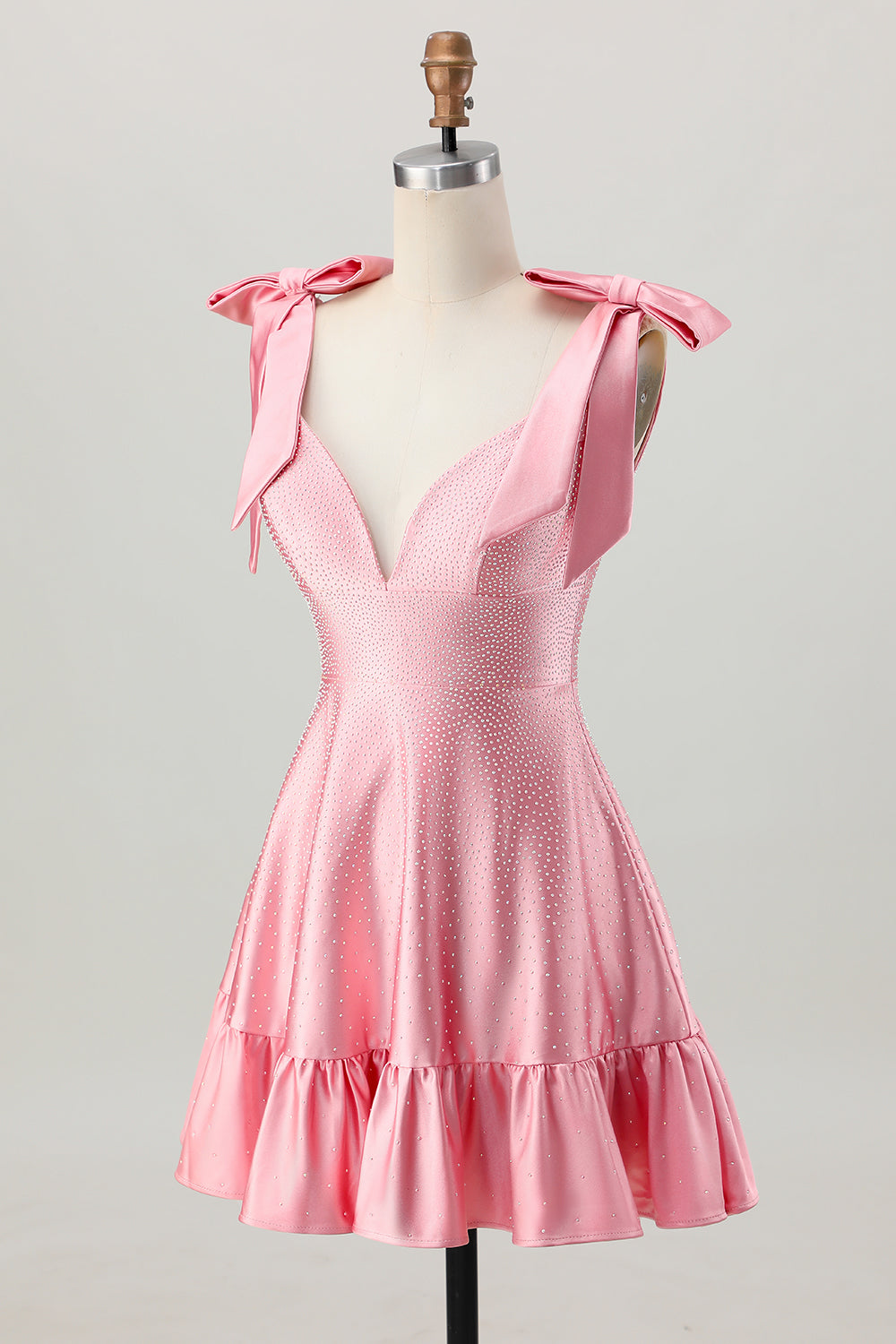 Sparkly Blush Pink A Line Satin Short Beaded Homecoming Dress with Bow
