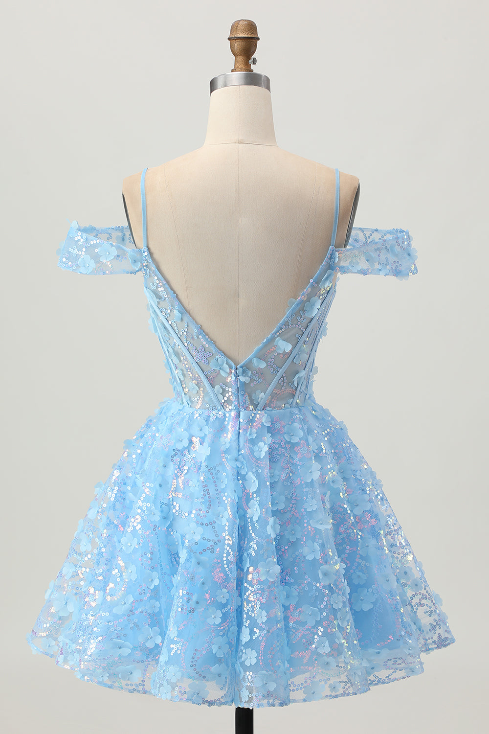 Sparkly Blue Corset Floral A Line Short Homecoming Dress with Sequins