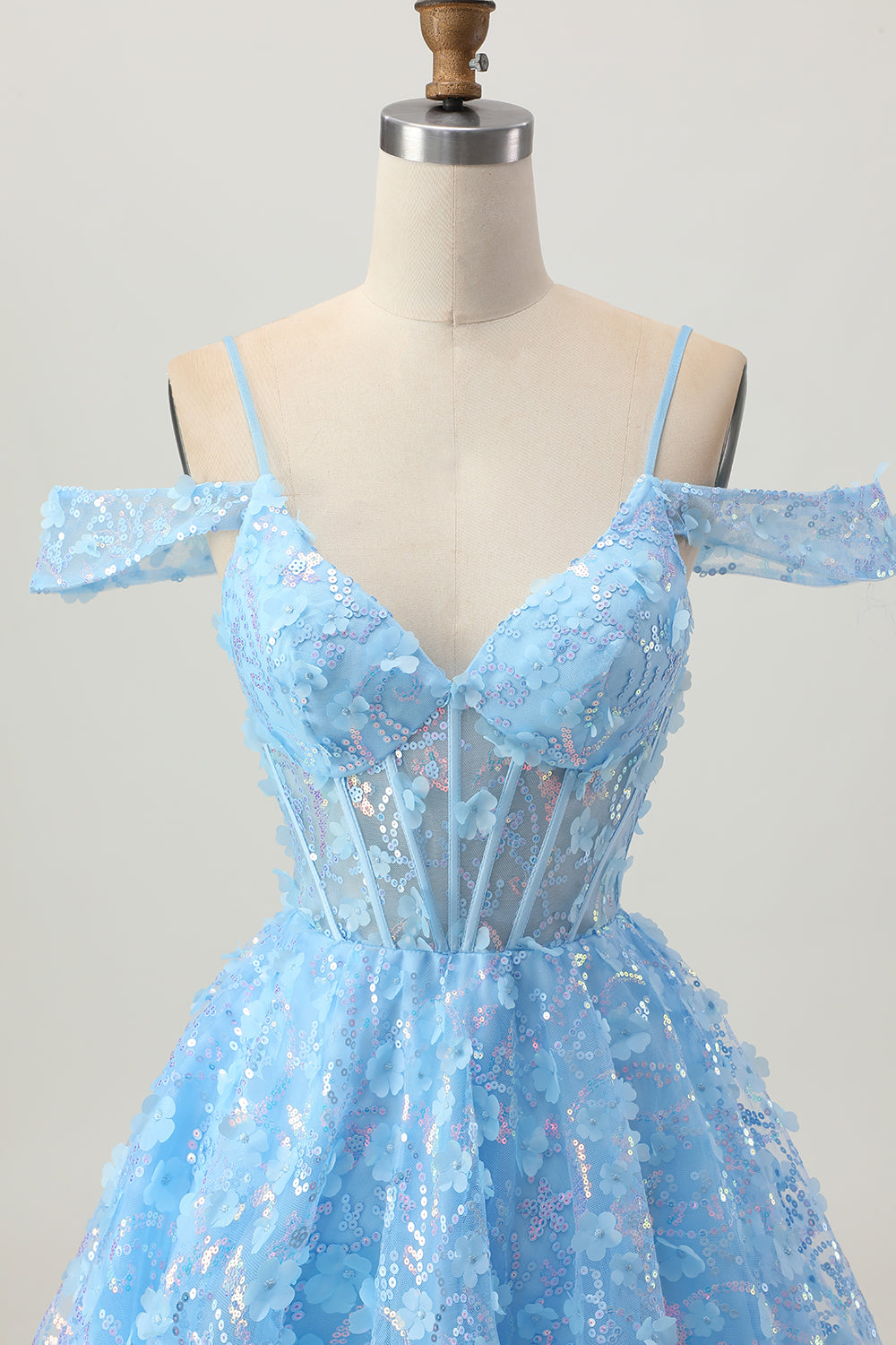 Sparkly Blue Corset Floral A Line Short Homecoming Dress with Sequins