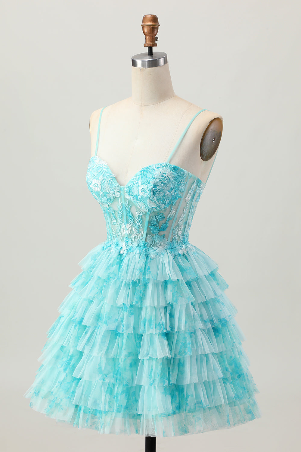Blue Green Ruffled Tiered A Line Short Corset Homecoming Dress with Appliques