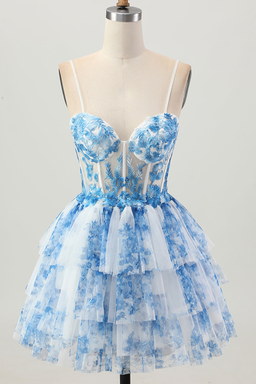 White Blue Floral Corset A Line Short Tiered Homecoming Dress