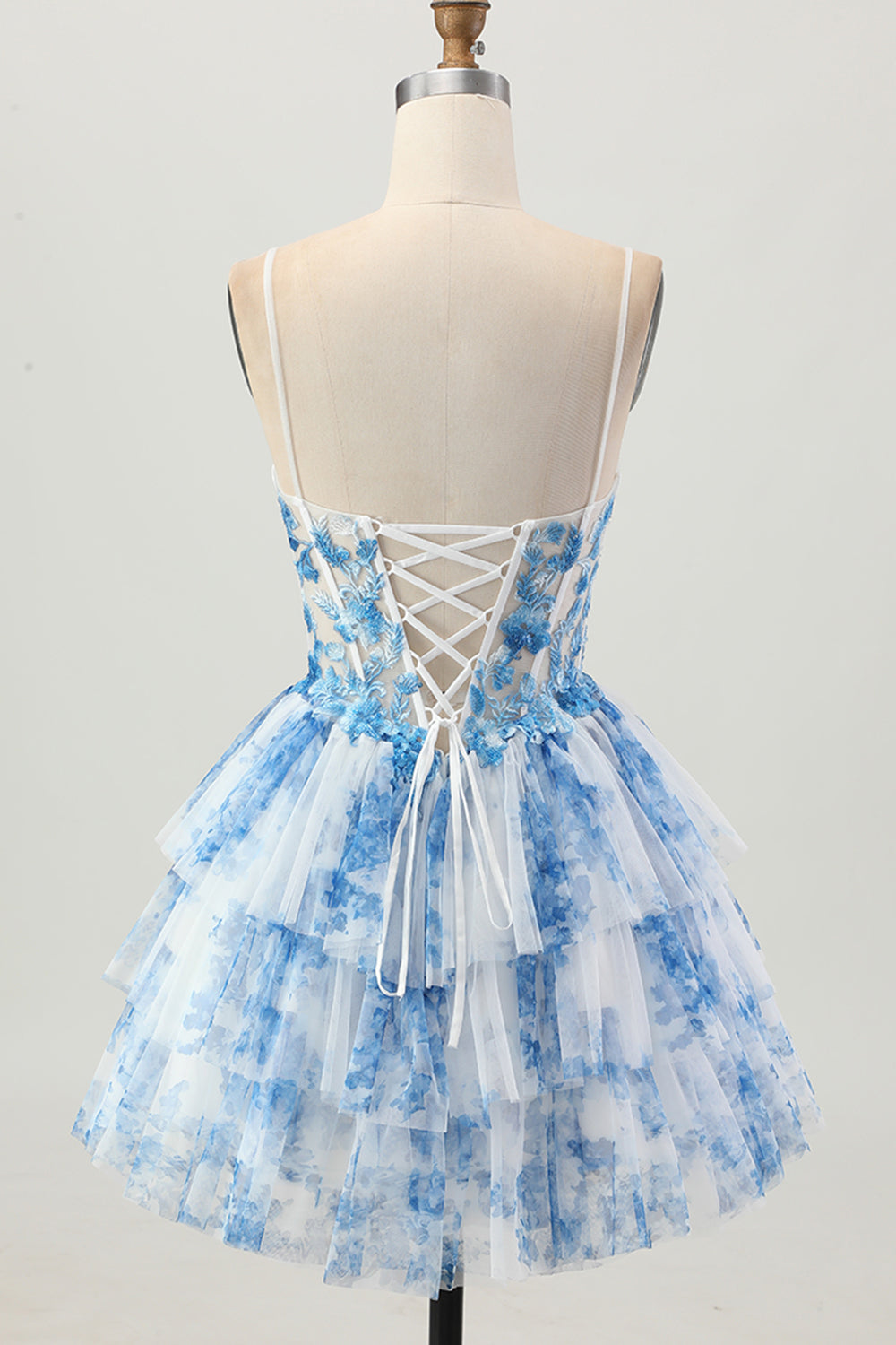 White Blue Floral Corset A Line Short Tiered Homecoming Dress