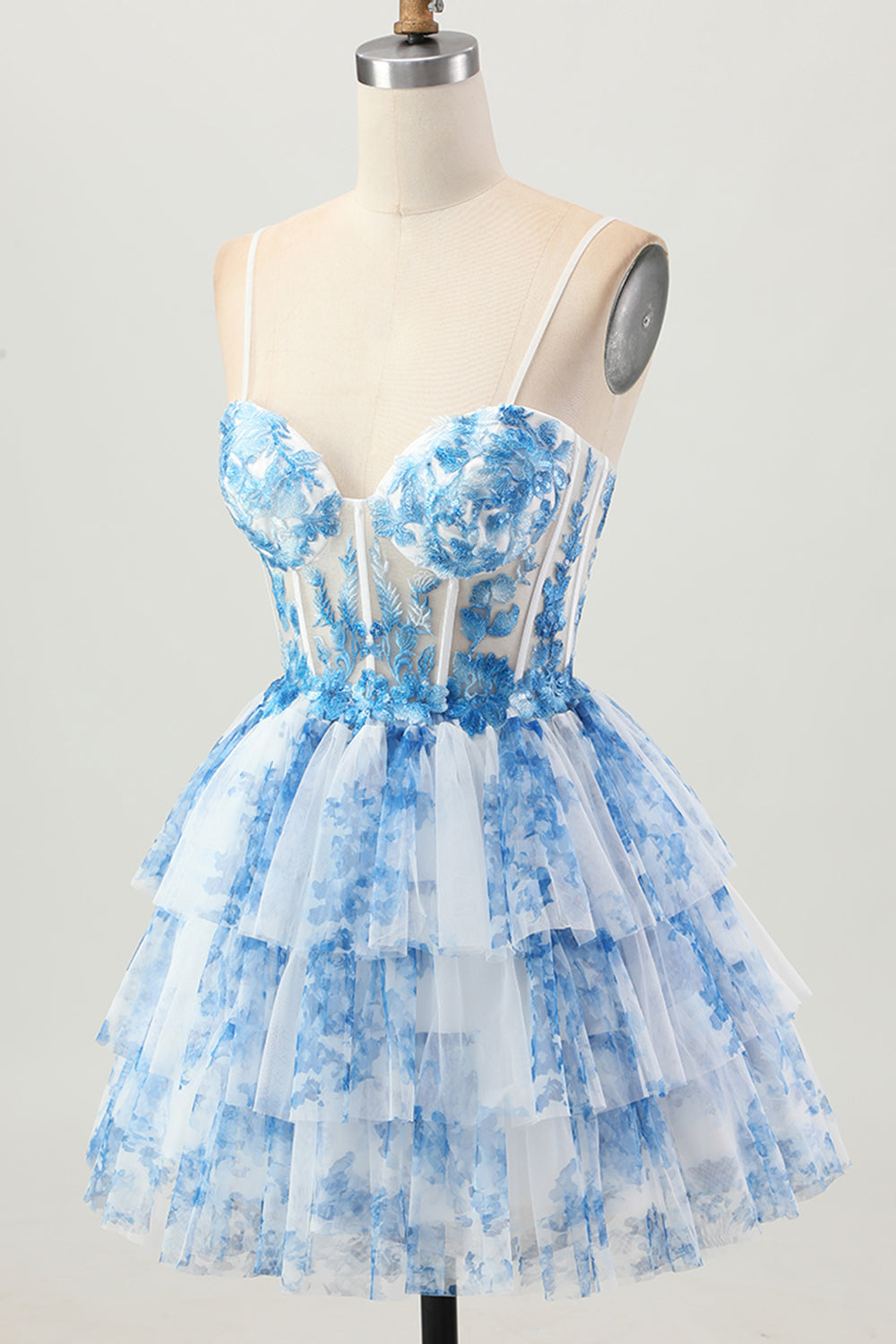 White Blue Floral Corset A Line Short Tiered Homecoming Dress