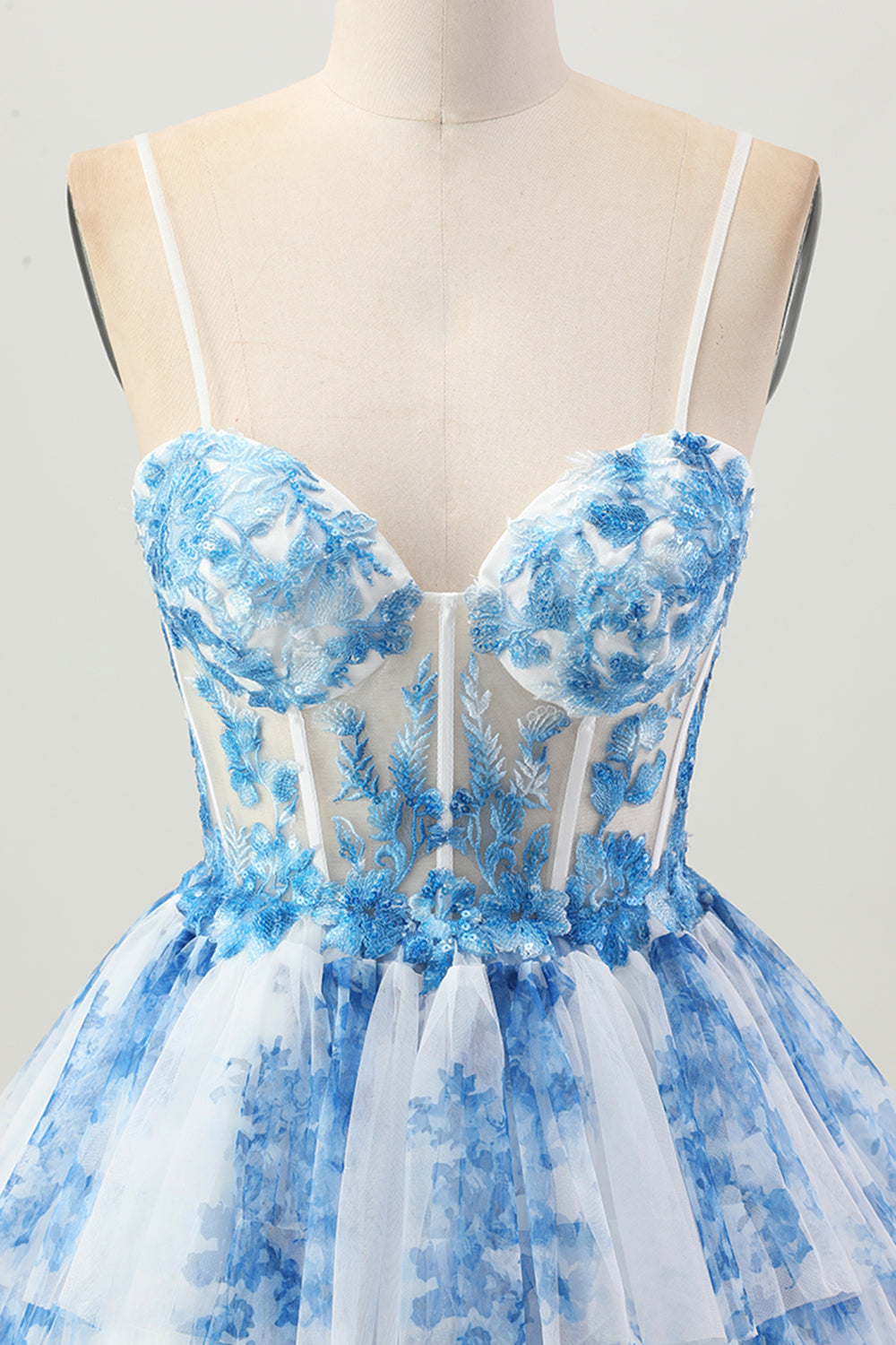 White Blue Floral Corset A Line Short Tiered Homecoming Dress