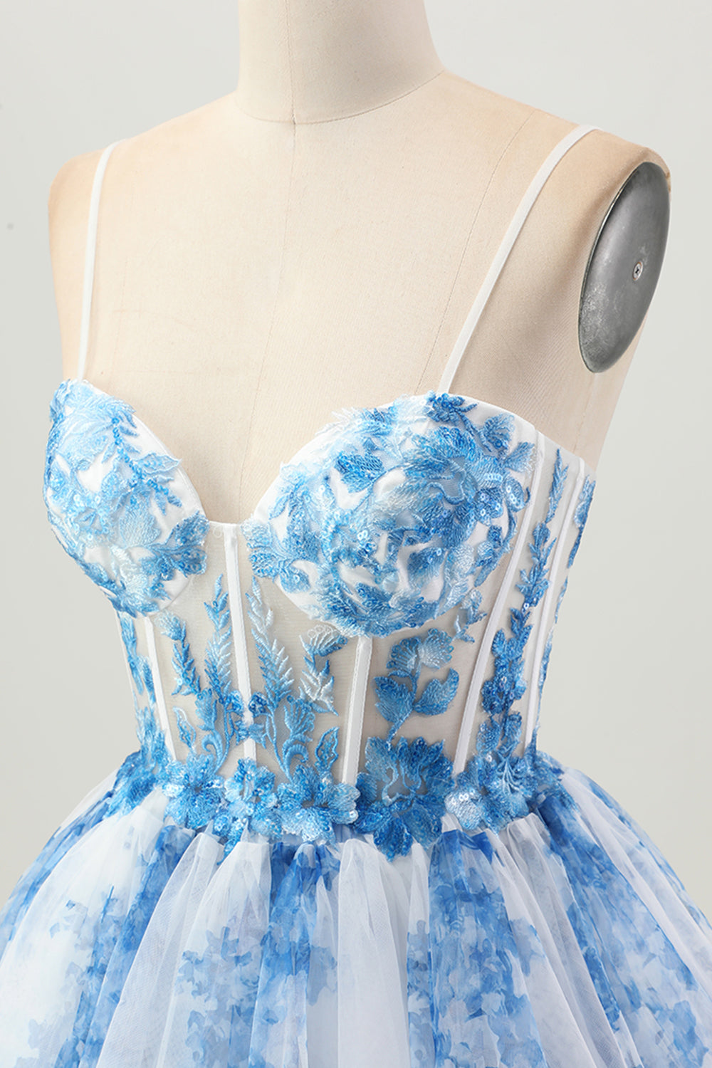 White Blue Floral Corset A Line Short Tiered Homecoming Dress