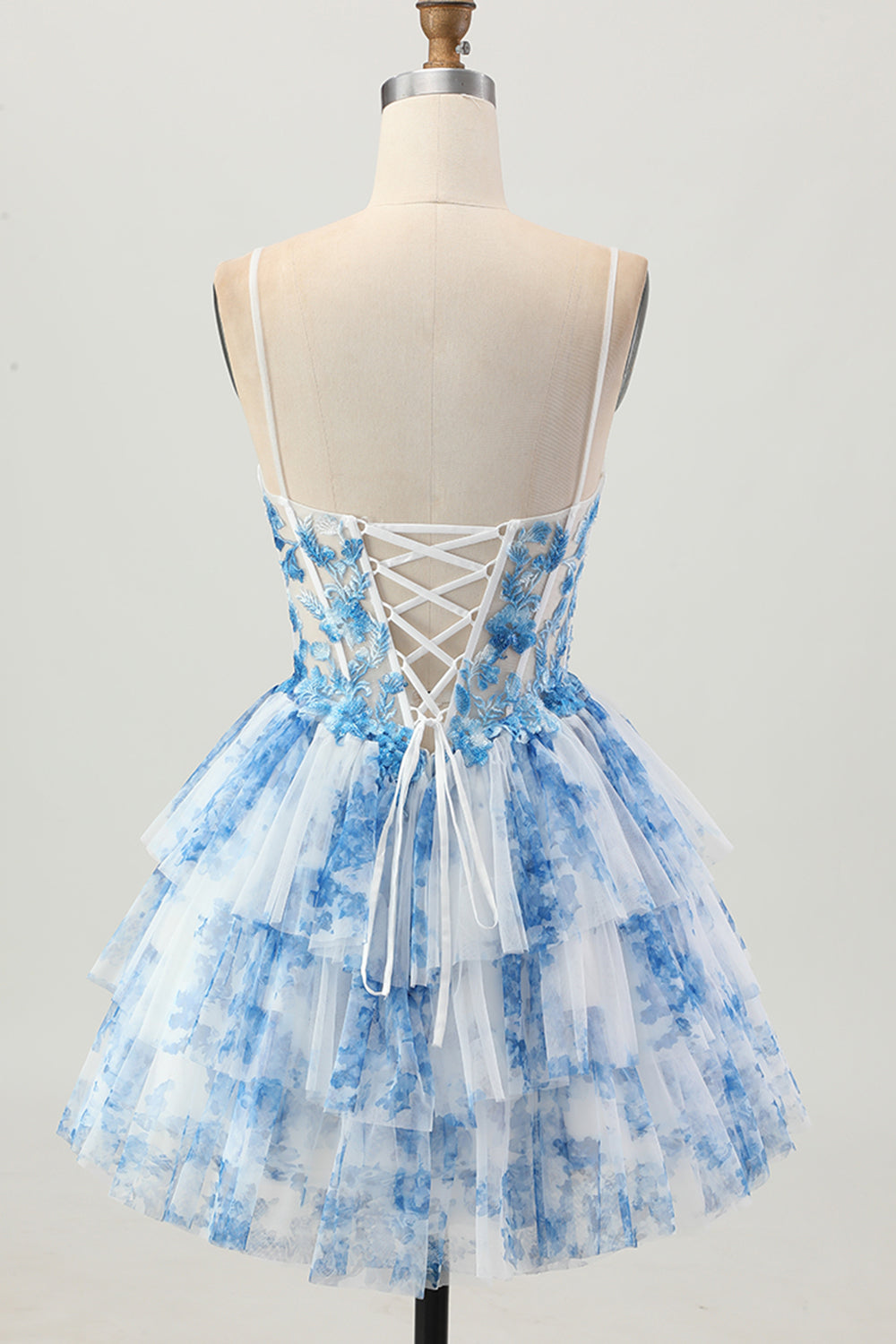 White Blue Floral Corset A Line Short Tiered Homecoming Dress