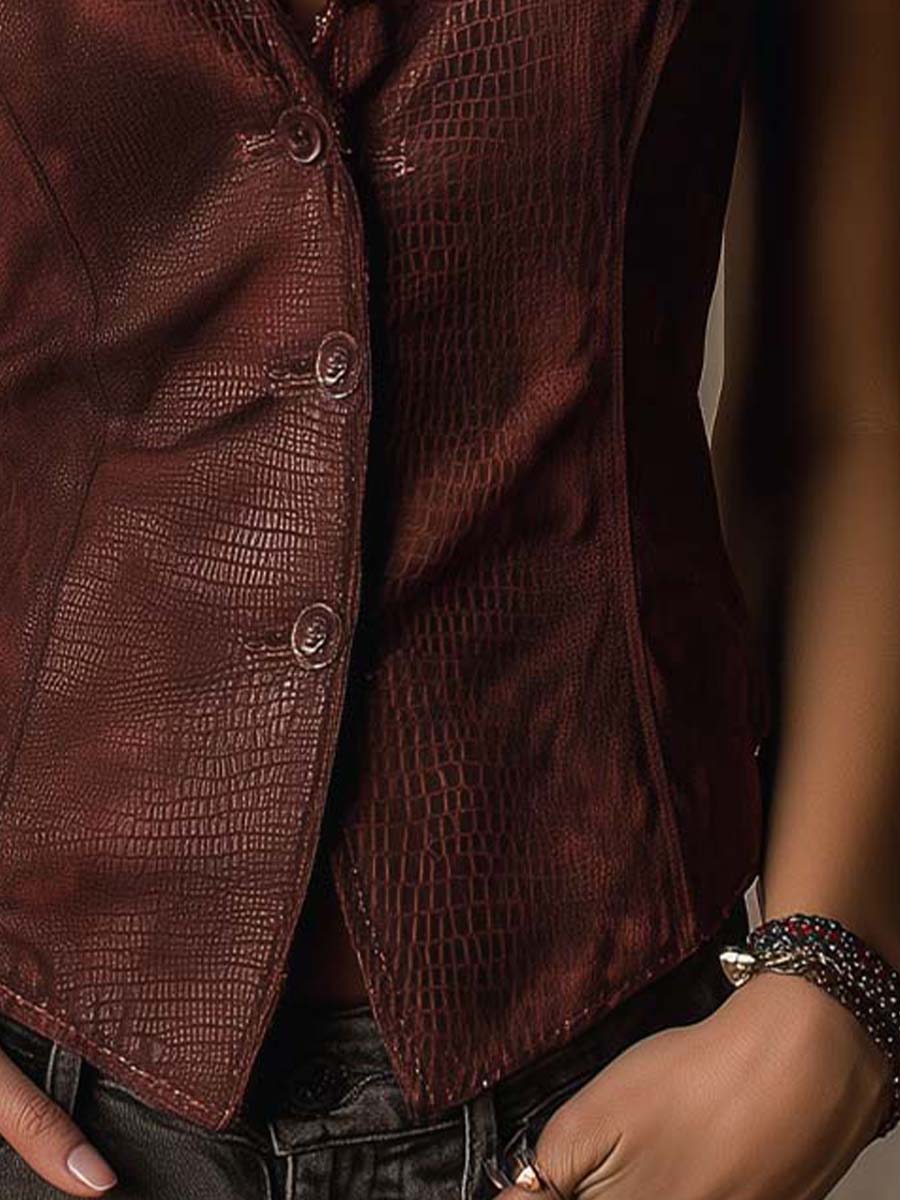 Burgundy Western Croc Embossed Faux Leather With Micro Suede Vest - Fashionpara