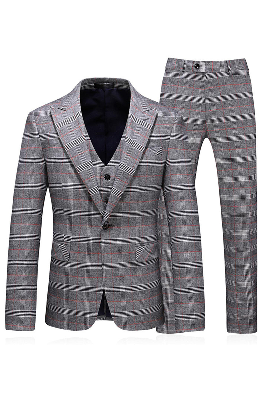 Men's Grey Plaid Peak Lapel 3 Pieces Prom Suits