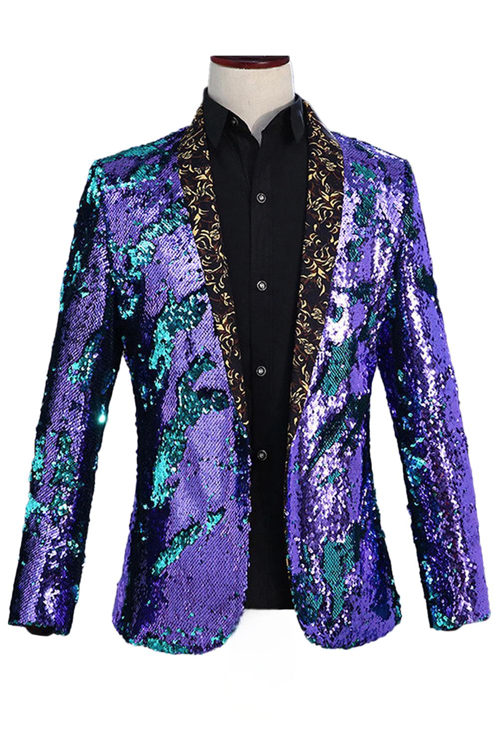Sparkly Shawl Lapel Purple And Blue Men's Prom Blazer With Sequins