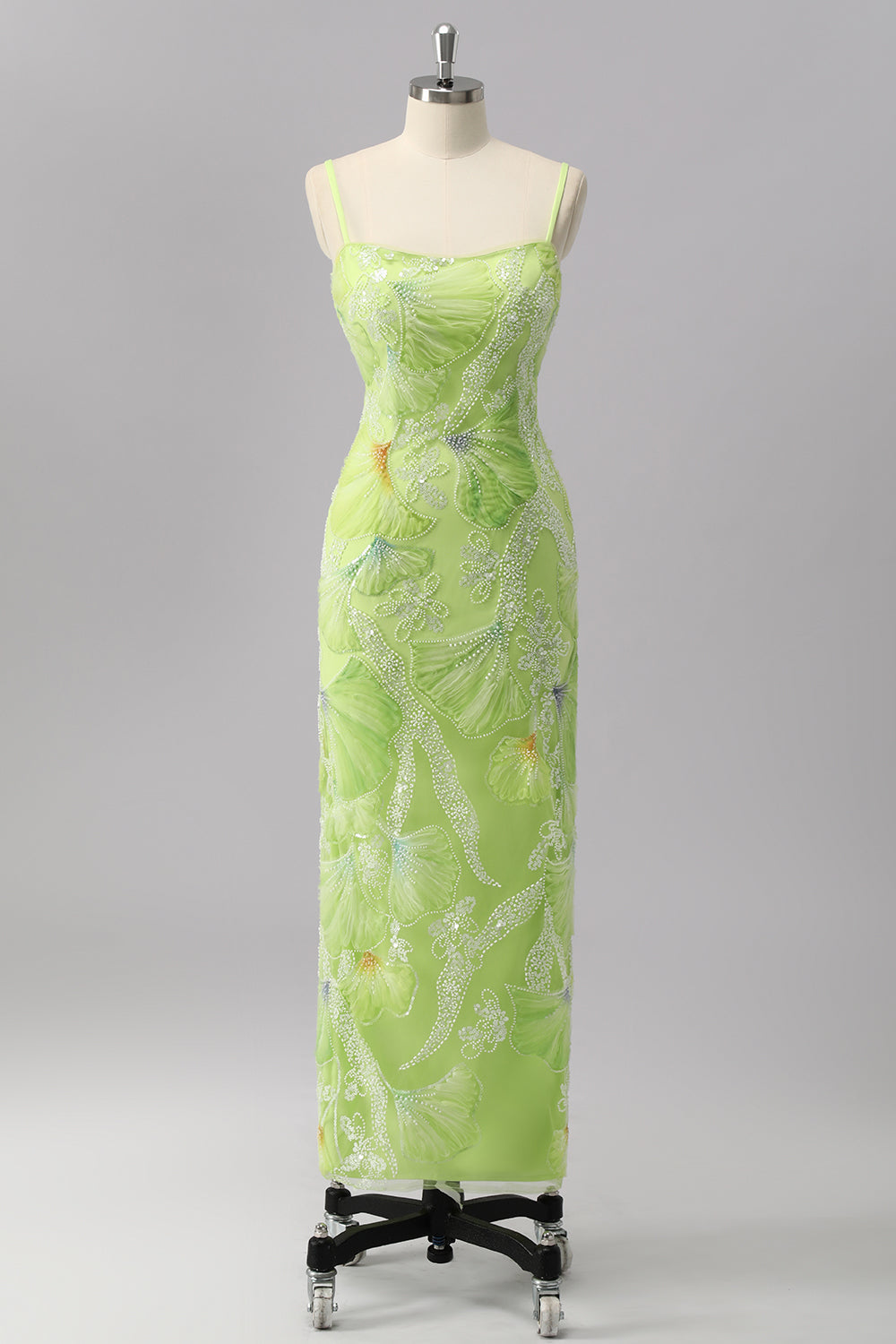 Green Sheath Sequins Spaghetti Straps Beaded Prom Dress with Slit