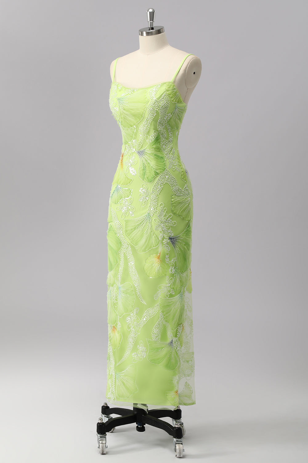 Green Sheath Sequins Spaghetti Straps Beaded Prom Dress with Slit