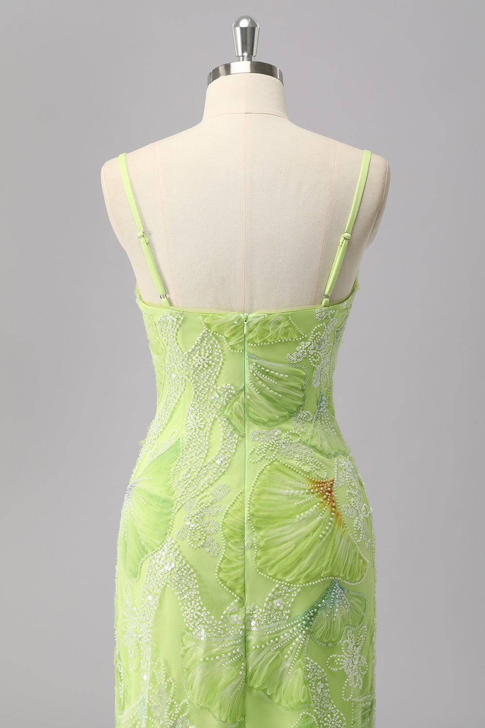 Green Sheath Sequins Spaghetti Straps Beaded Prom Dress with Slit