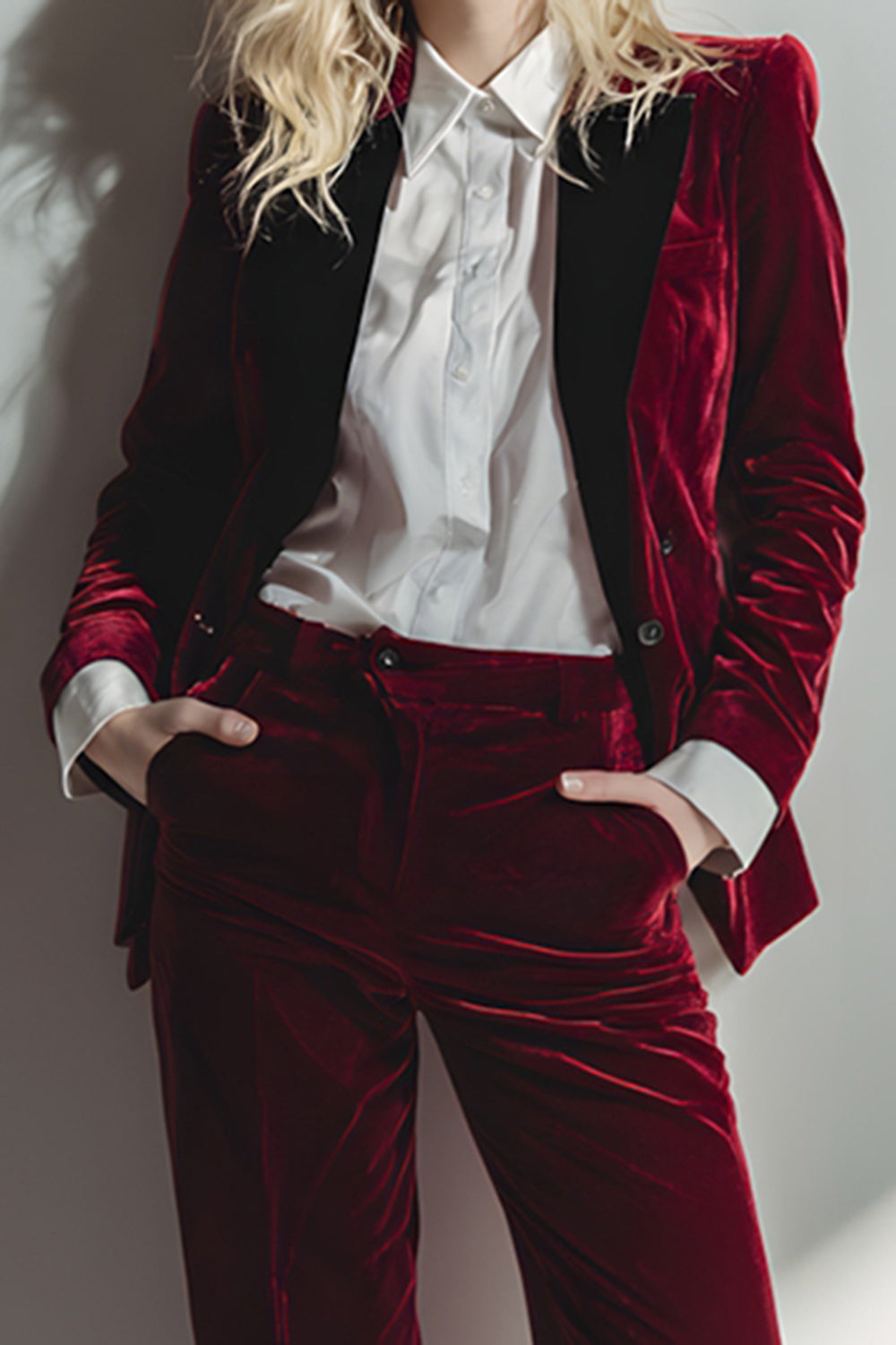 Burgundy 2 Piece Long Sleeves Velvet Prom Suits with Pockets