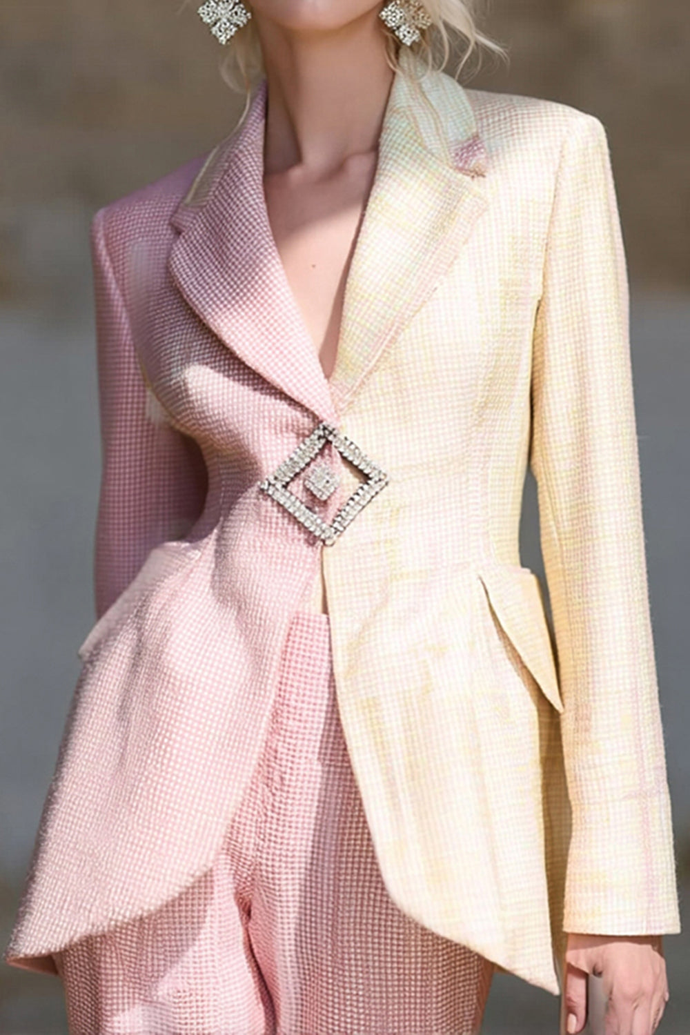 Pink Ivory Patchwork Notched Lapel Long Sleeves Prom Blazer