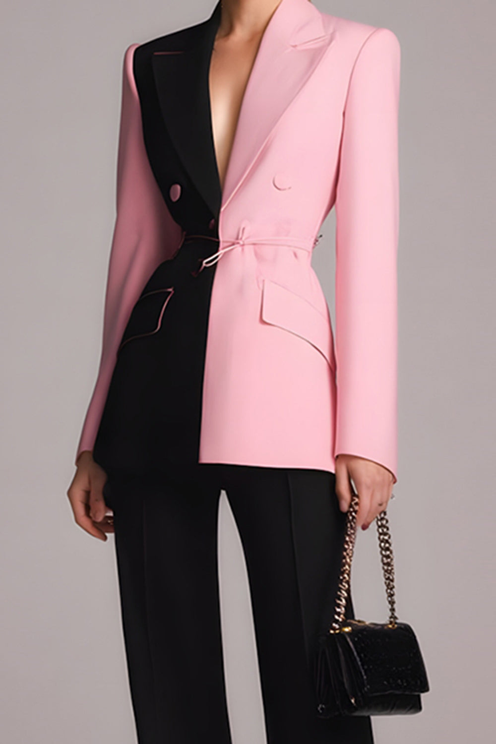 Black Pink 2 Piece Peak Lapel Patchwork Long Sleeves Prom Suits with Buttons