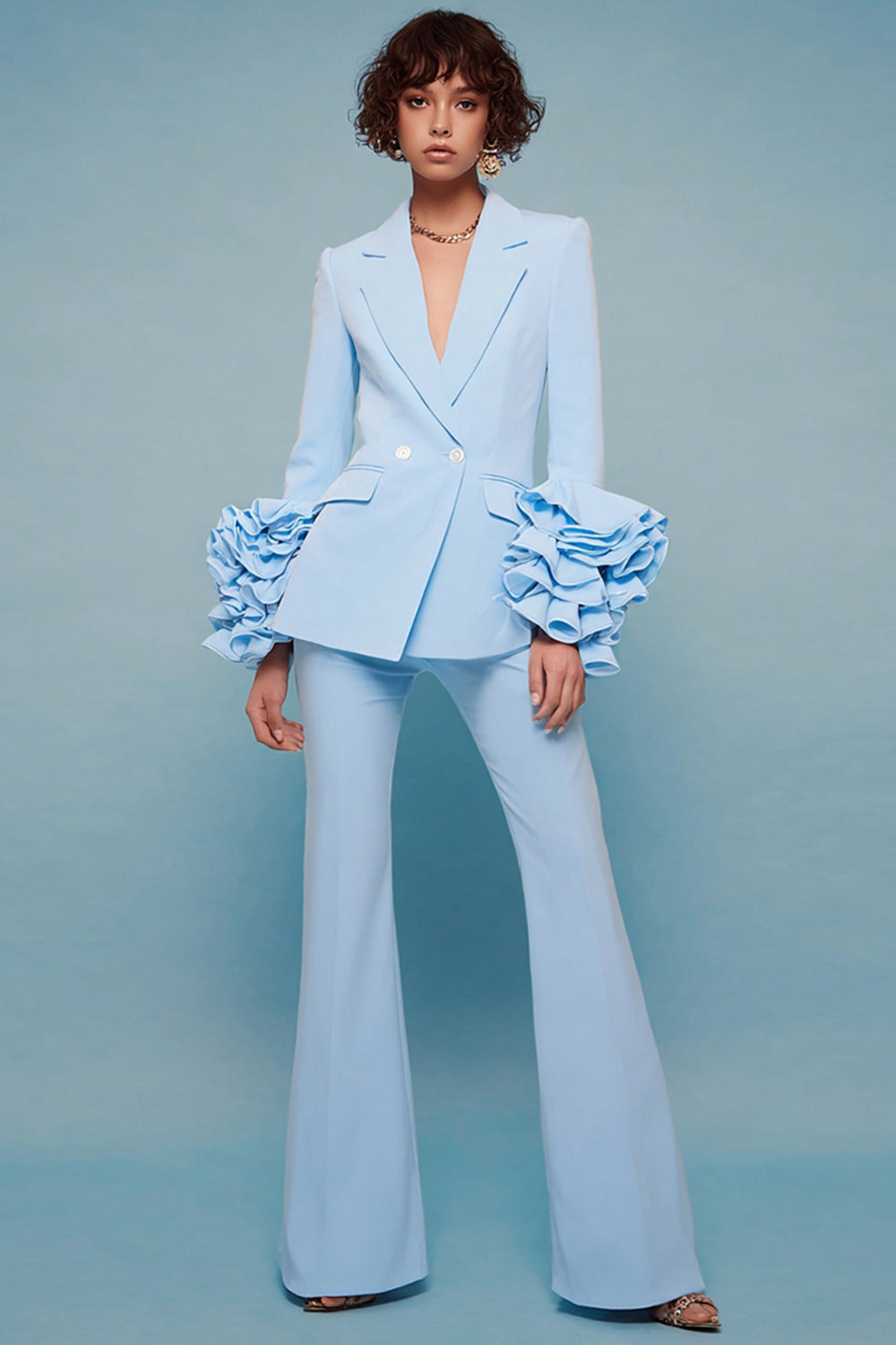 2 Piece Blue Notched Lapel Long Sleeves Prom Suits with Ruffles