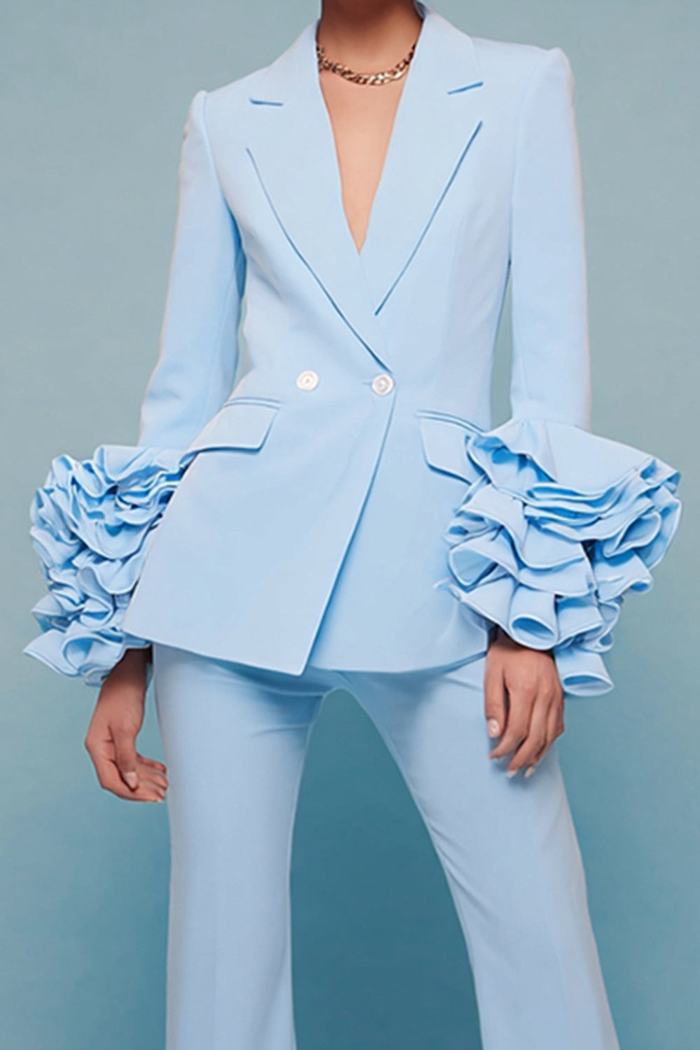 2 Piece Blue Notched Lapel Long Sleeves Prom Suits with Ruffles