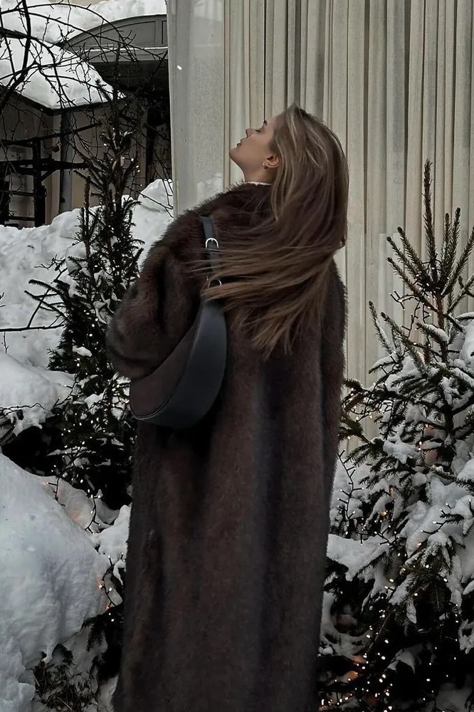 Retro Faux Fox Fur Notched Lapel Long Overcoat - Fashionpara