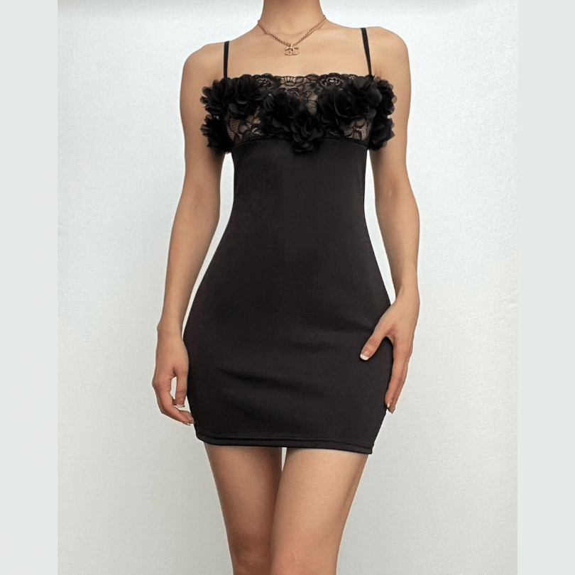 Flower Applique Lace Trim Square Neck Bodycon Mini Dress
