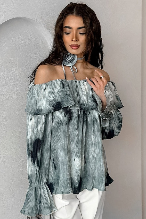 Tie Dye Off Shoulder Flare Sleeve Blouse - Fashionpara