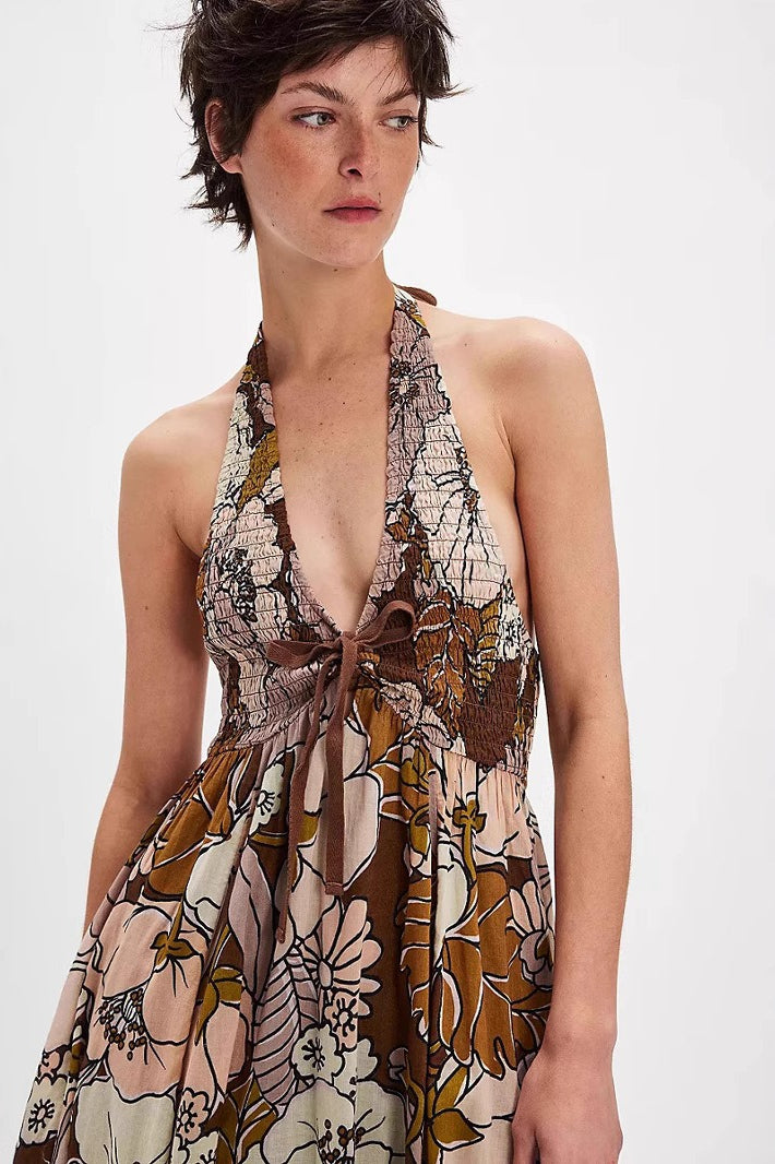 Floral Print Halter Plunge Smocked Bodice Dress
