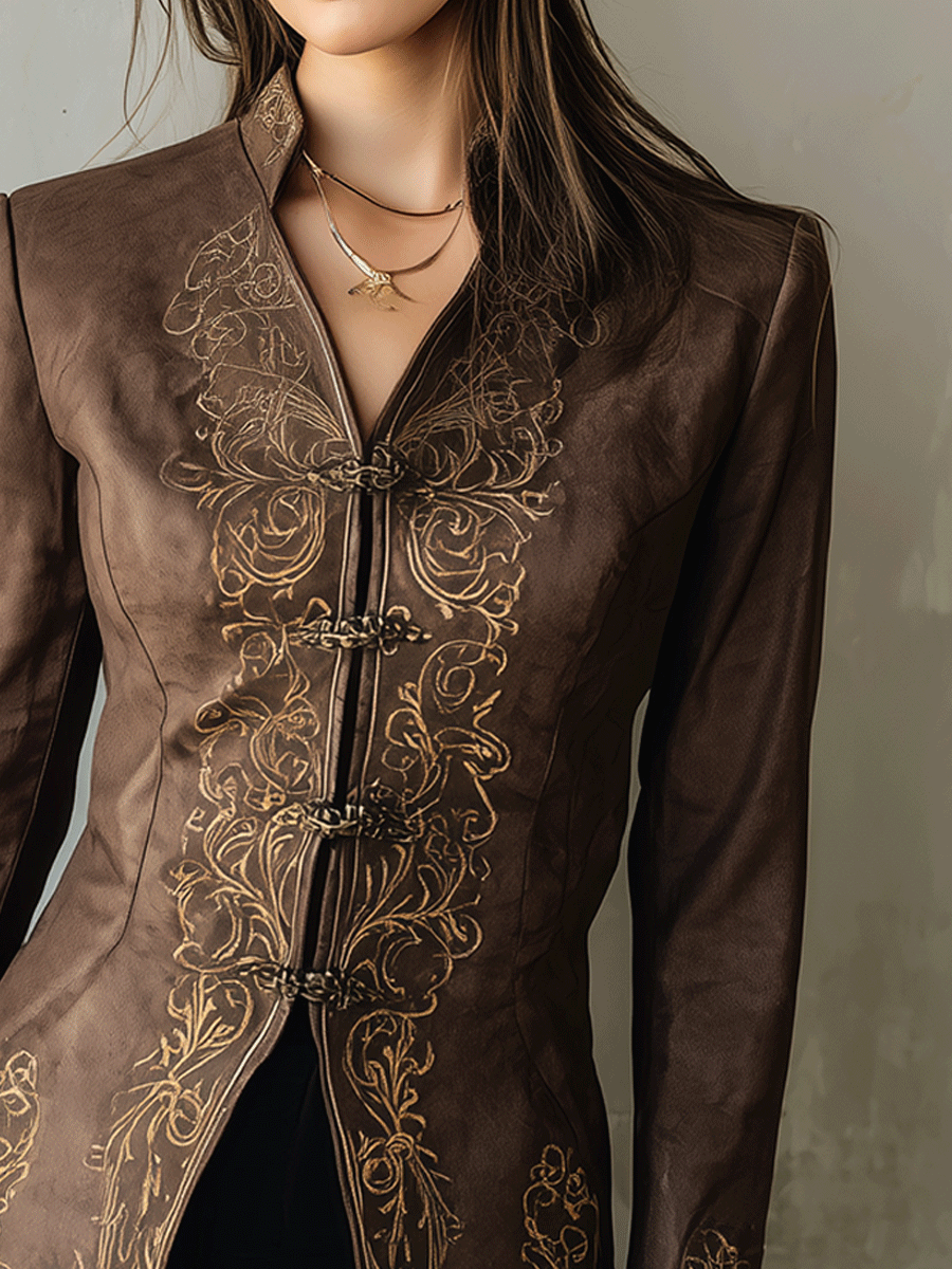Vintage Brown Embroidered High-Collar Tailored Blouse - Fashionpara