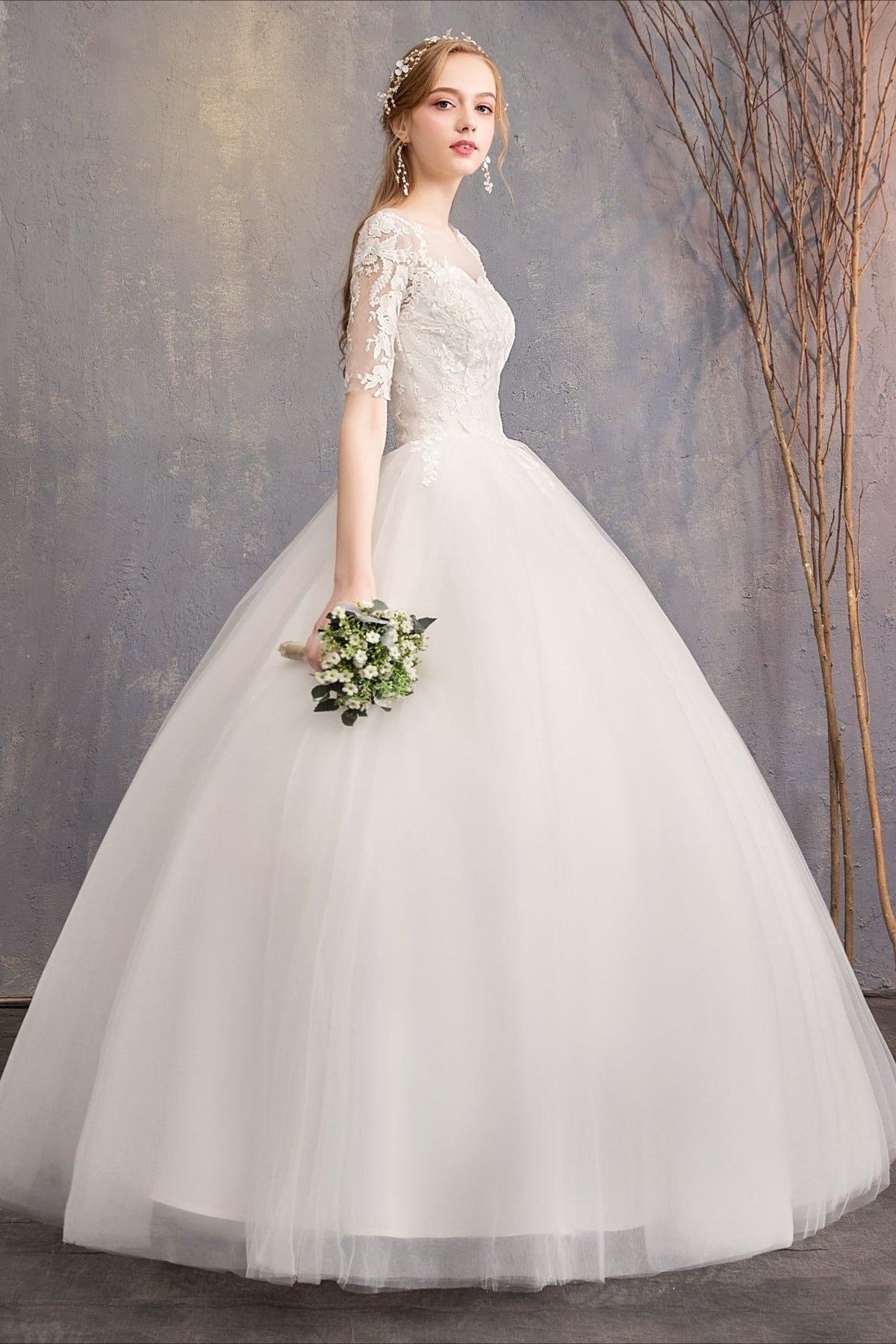 Lace Illusion High Neck Three Quarter Sleeve Ball Gown Wedding Dress - View 3
