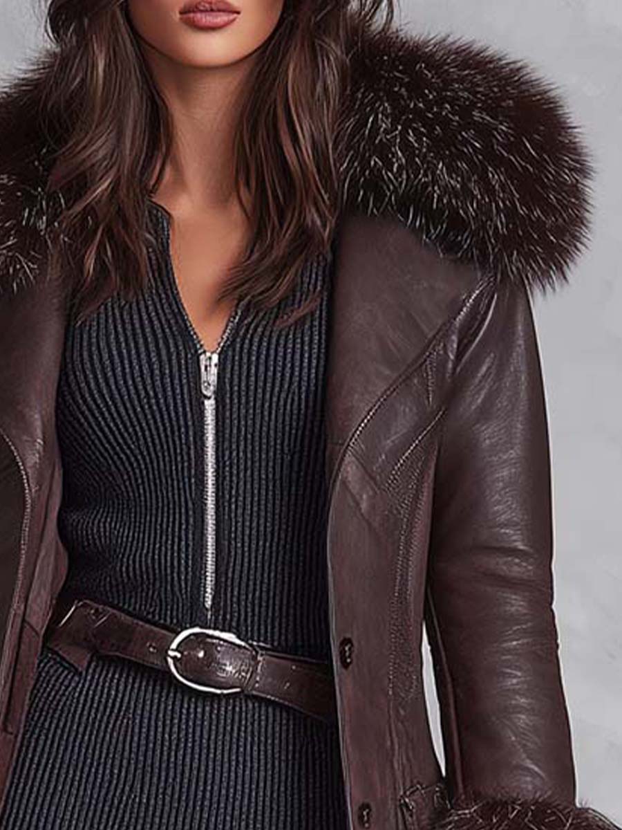 Vintage Reddish Brown Eco-Leather Coat With Detachable Fur Collar - Fashionpara