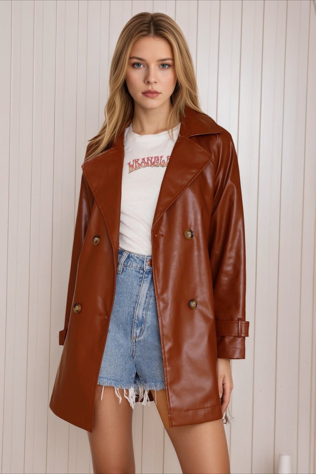 Brown Chic Mid-Length Fitted Leather Coat