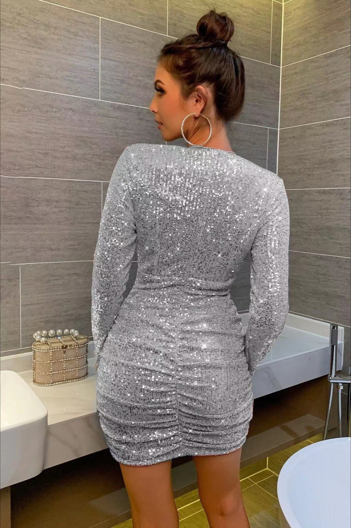Sequin Deep V-Neck Long Sleeve Ruched Wrap Mini Dress - View 6