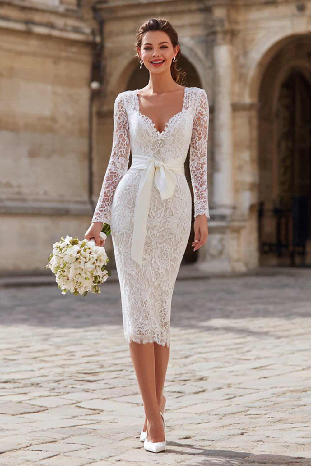 Ivory Bodycon Lace Midi Wedding Dress with Sleeves