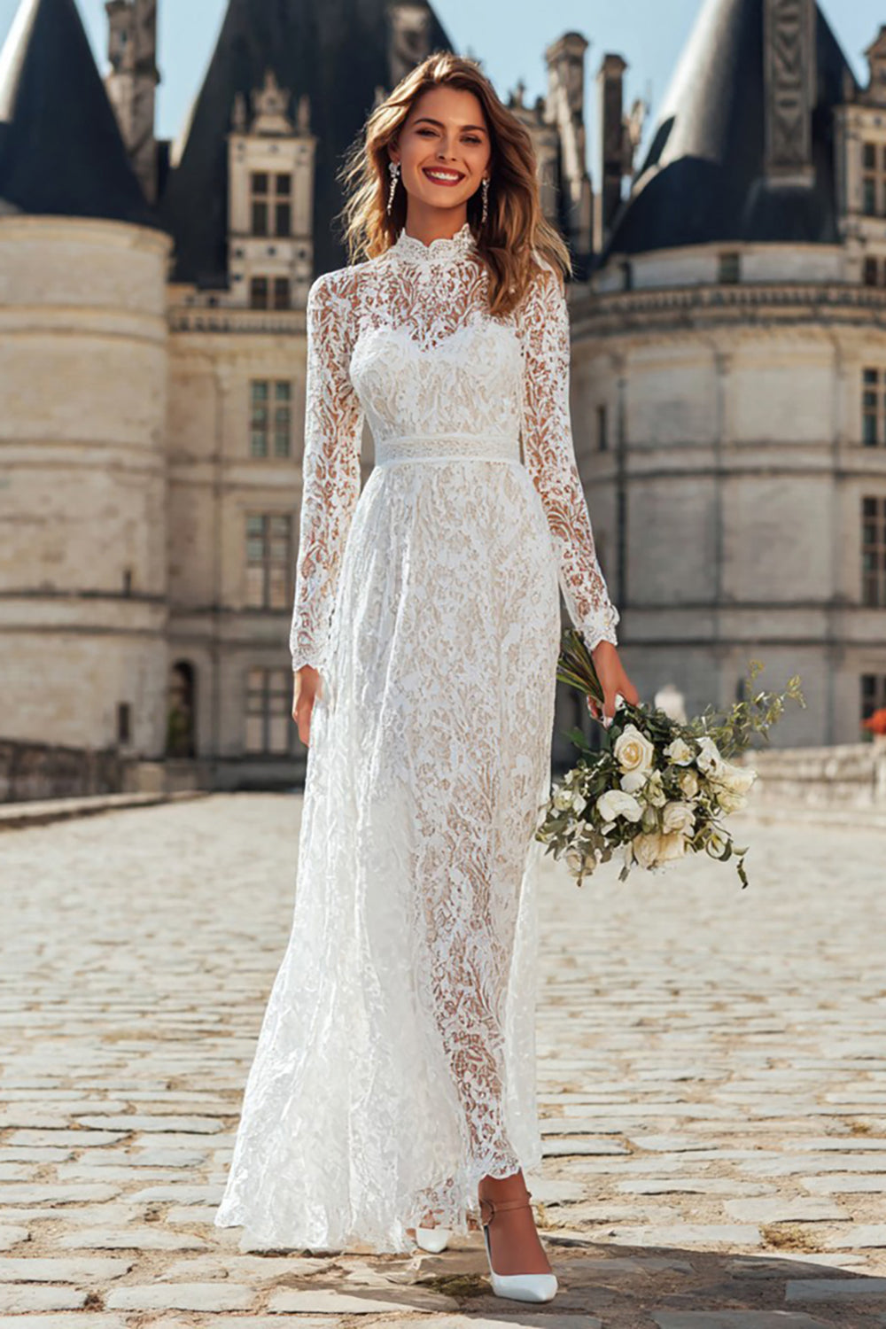 Ivory Lace High Neck Floor Length Wedding Dress with Sleeves